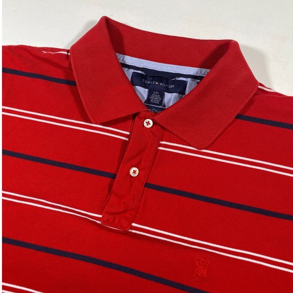 Tommy Hilfiger Mens Polo Shirt L Red Striped Pima Cotton Golf Casual - Picture 1 of 6